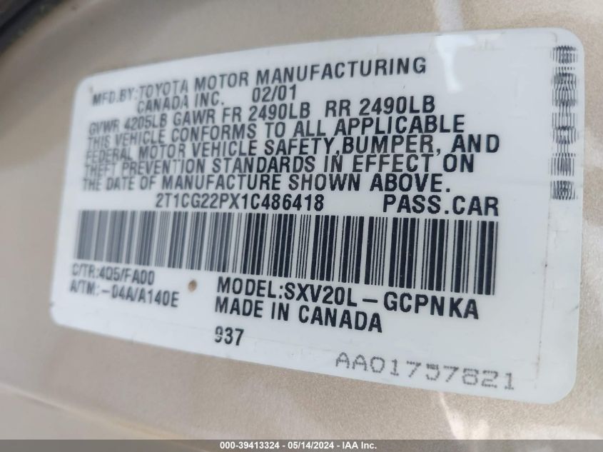 2001 Toyota Camry Solara Se VIN: 2T1CG22PX1C486418 Lot: 39413324