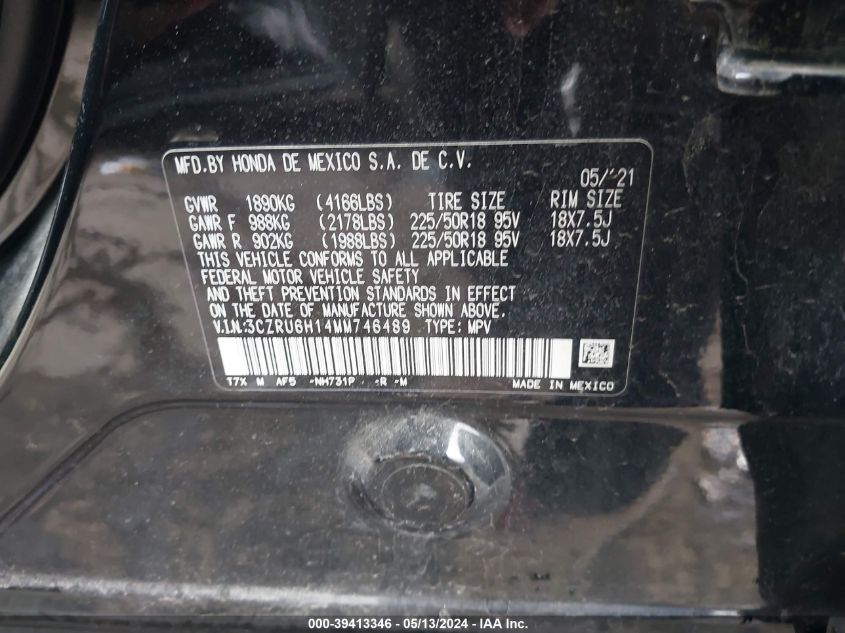 2021 Honda Hr-V Awd Sport VIN: 3CZRU6H14MM746489 Lot: 39413346