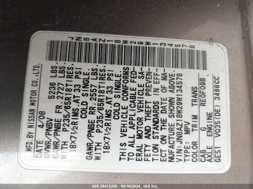 2009 Nissan Murano Sl VIN: JN8AZ18W29W134578 Lot: 39413355