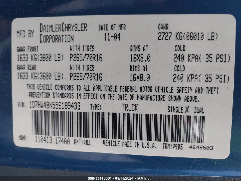 2005 Dodge Dakota Slt VIN: 1D7HW48N55S189433 Lot: 39413361