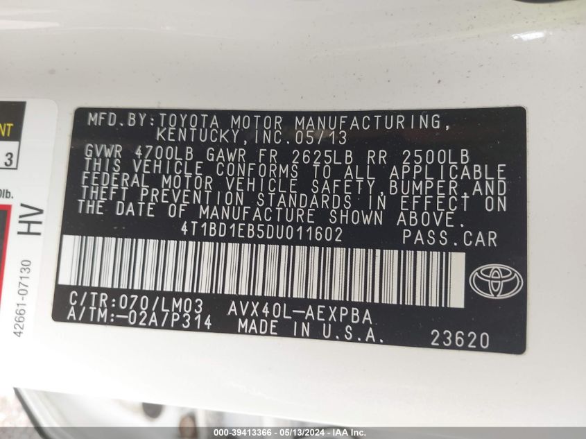 2013 Toyota Avalon Hybrid Limited VIN: 4T1BD1EB5DU011602 Lot: 39413366