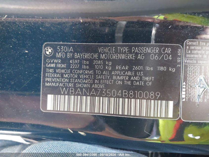 2004 BMW 530I VIN: WBANA73504B810089 Lot: 39413368