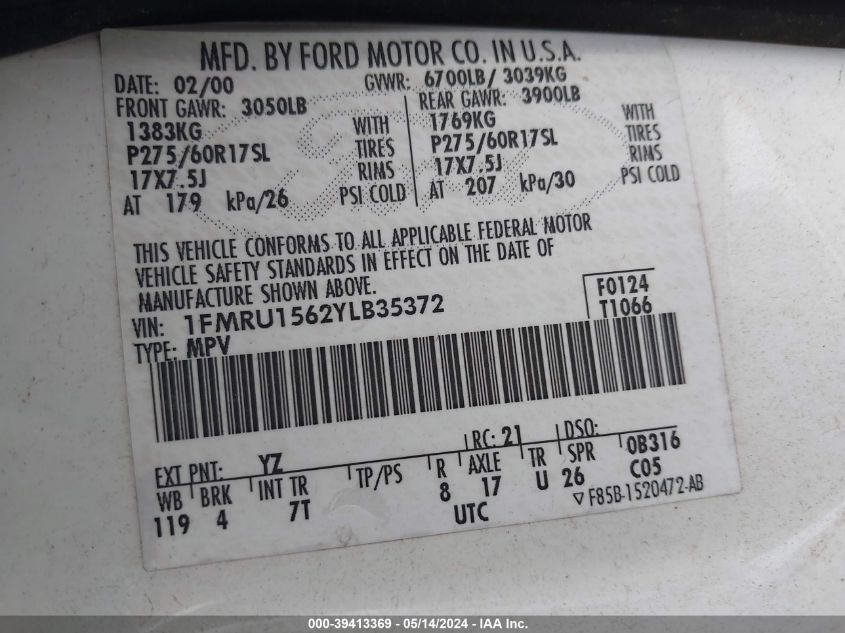 2000 Ford Expedition Xlt VIN: 1FMRU1562YLB35372 Lot: 39413369