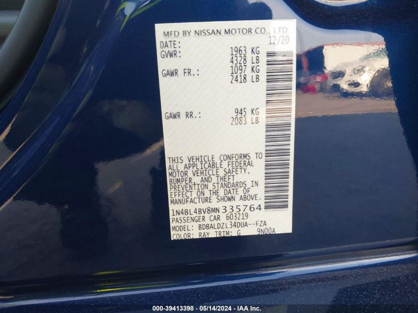 2021 Nissan Altima S Fwd VIN: 1N4BL4BV8MN335764 Lot: 39413398
