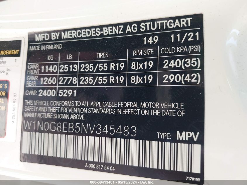 2022 Mercedes-Benz Glc 300 4Matic Suv VIN: W1N0G8EB5NV345483 Lot: 39413401