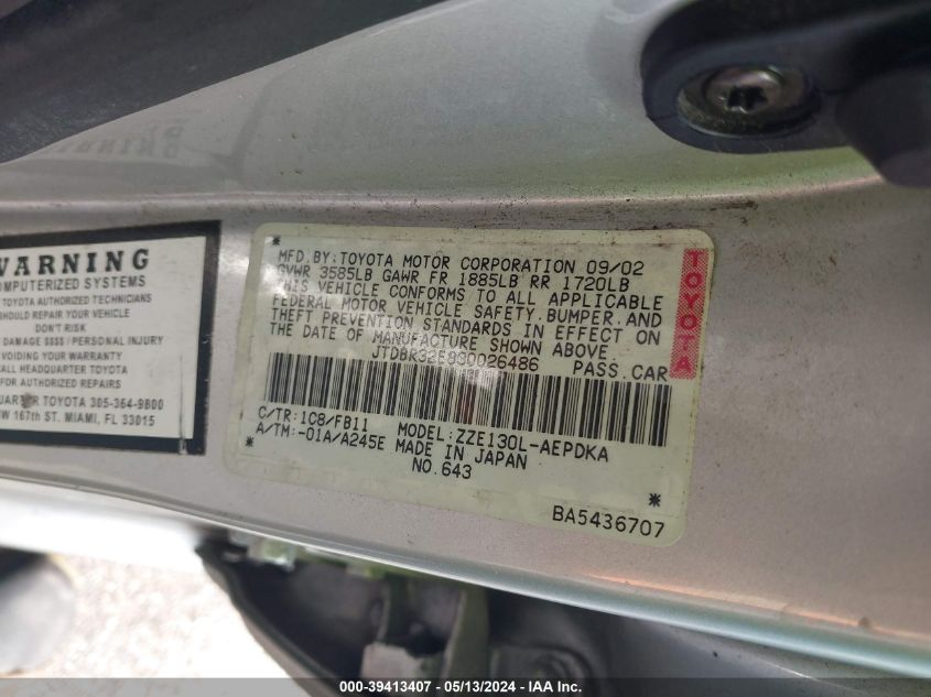 2003 Toyota Corolla Ce VIN: JTDBR32E830026486 Lot: 39413407