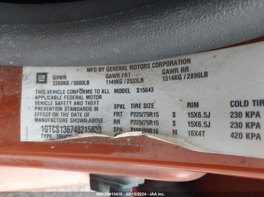 2004 GMC Canyon Sle VIN: 1GTCS136748215623 Lot: 39413415