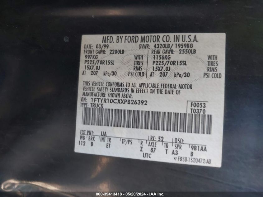 1999 Ford Ranger Xl/Xlt VIN: 1FTYR10CXXPB26392 Lot: 39413418