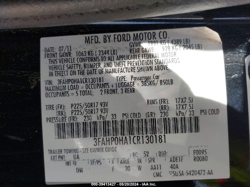 2012 Ford Fusion Se VIN: 3FAHP0HA1CR130181 Lot: 39413427