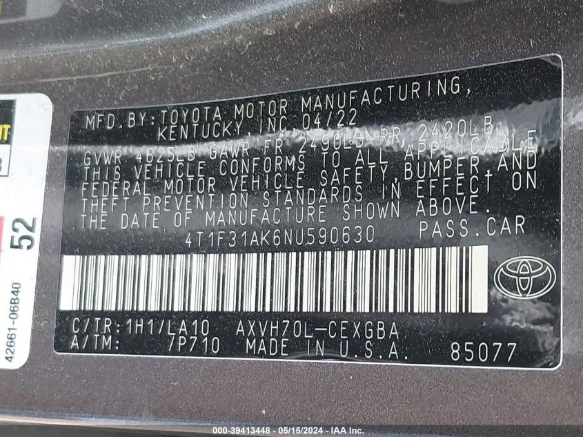 2022 Toyota Camry Xle Hybrid VIN: 4T1F31AK6NU590630 Lot: 39413448