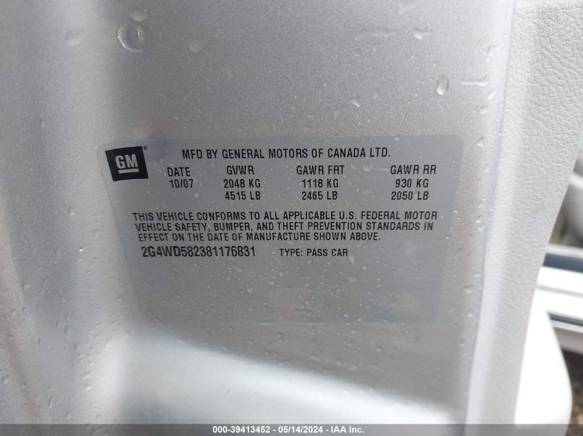 2008 Buick Lacrosse Cxl VIN: 2G4WD582381176831 Lot: 39413452