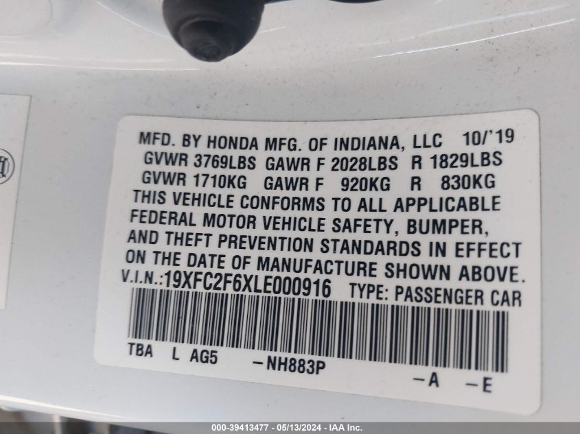 2020 Honda Civic Lx VIN: 19XFC2F6XLE000916 Lot: 39413477