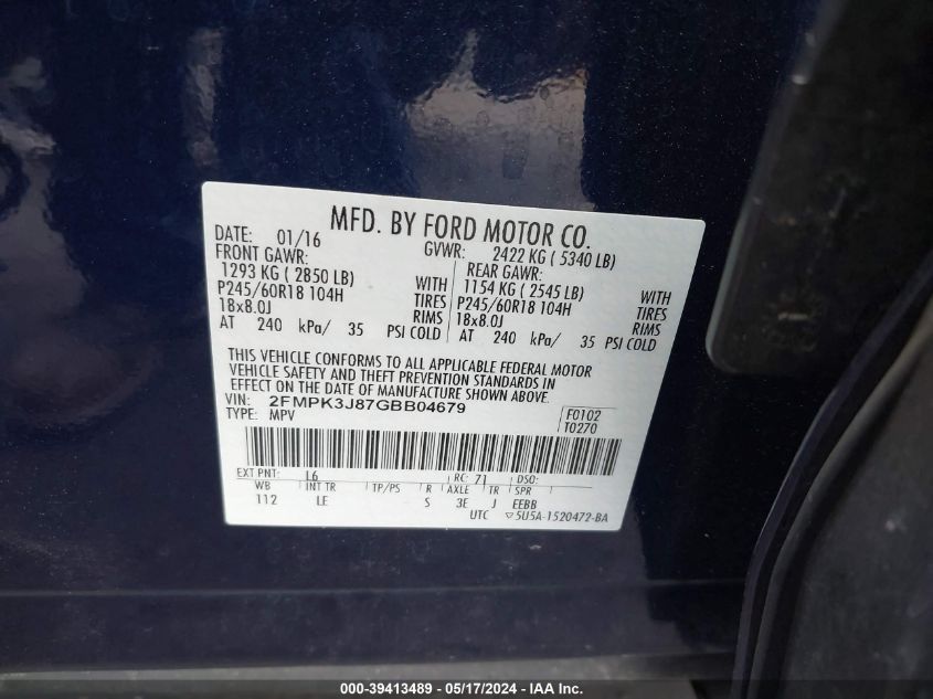 2016 Ford Edge Sel VIN: 2FMPK3J87GBB04679 Lot: 39413489