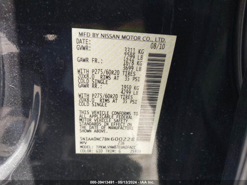 2011 Nissan Armada Platinum VIN: 5N1AA0NC7BN600228 Lot: 39413491