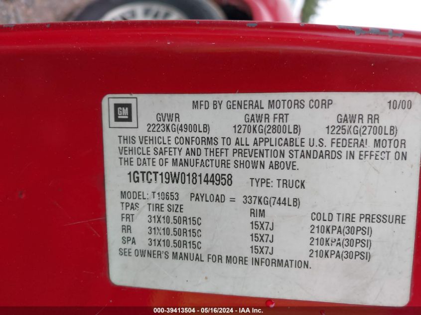 2001 GMC Sonoma Sls VIN: 1GTCT19W018144958 Lot: 39413504
