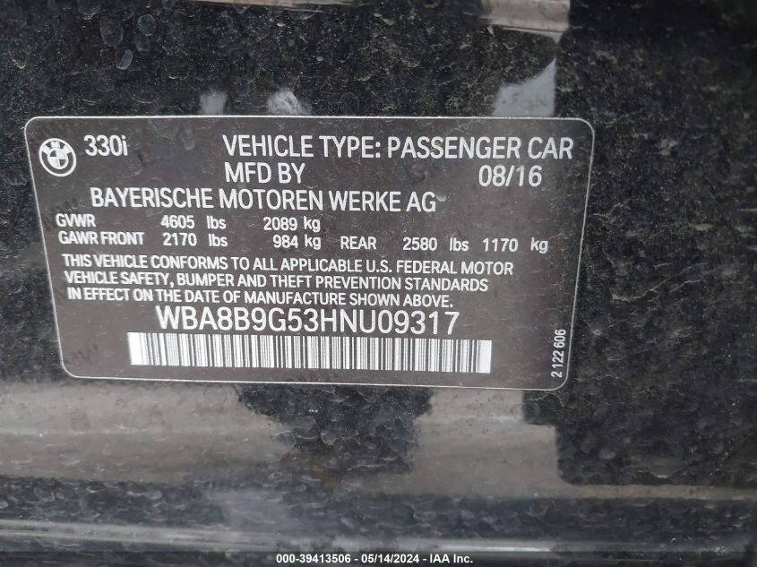 2017 BMW 330I VIN: WBA8B9G53HNU09317 Lot: 39413506