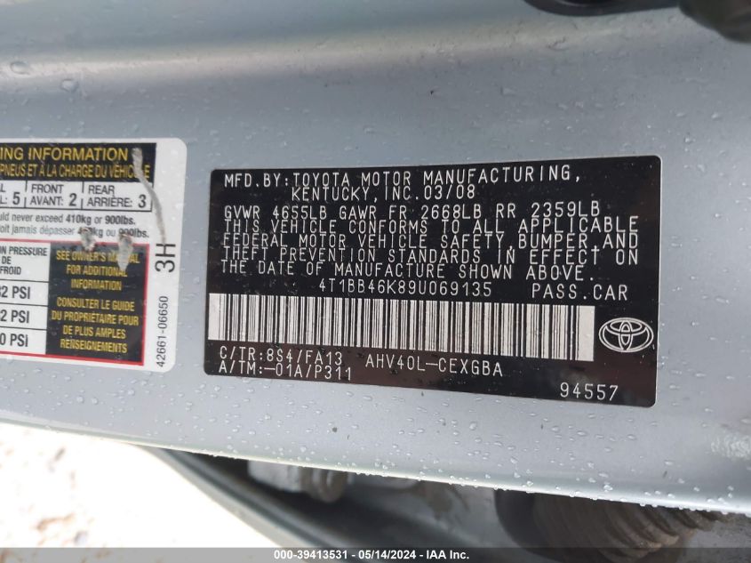 2009 Toyota Camry Hybrid VIN: 4T1BB46K89U069135 Lot: 39413531