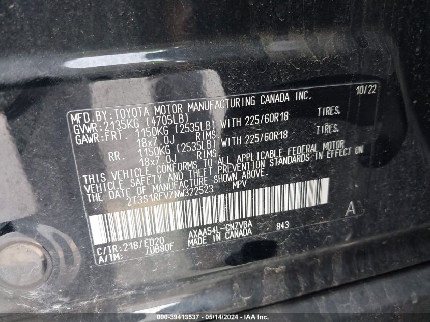 2022 Toyota Rav4 Trd Off Road VIN: 2T3S1RFV7NW322523 Lot: 39413537