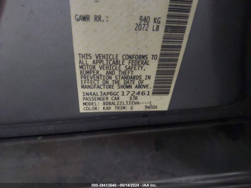 2016 Nissan Altima 2.5 Sv VIN: 1N4AL3AP6GC172461 Lot: 39413540