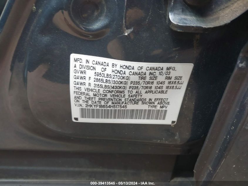 2004 Honda Pilot Ex-L VIN: 2HKYF18654H517545 Lot: 39413545