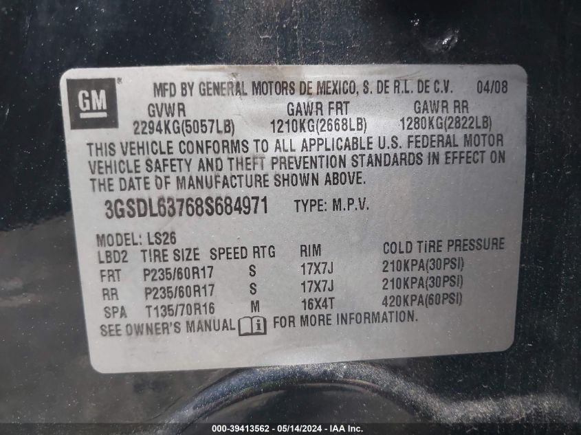 2008 Saturn Vue V6 Xr VIN: 3GSDL63768S684971 Lot: 39413562