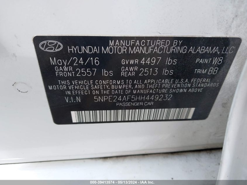 2017 Hyundai Sonata Se VIN: 5NPE24AF5HH449232 Lot: 39413574