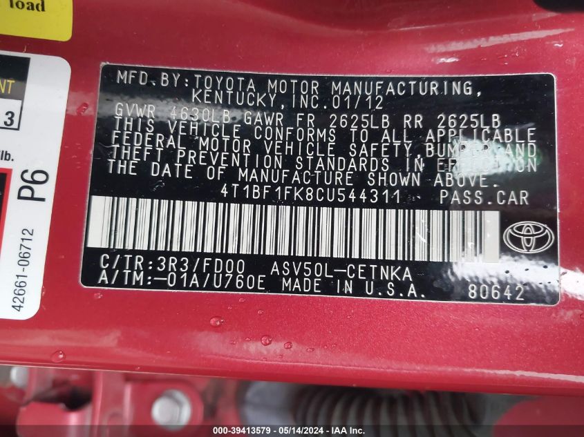 2012 Toyota Camry Le VIN: 4T1BF1FK8CU544311 Lot: 39413579