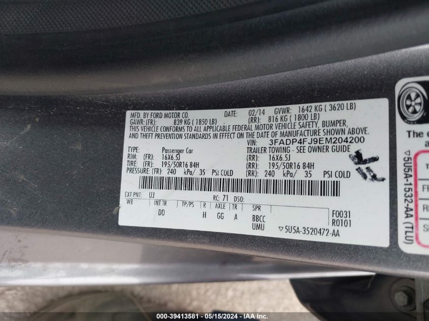 2014 Ford Fiesta Titanium VIN: 3FADP4FJ9EM204200 Lot: 39413581