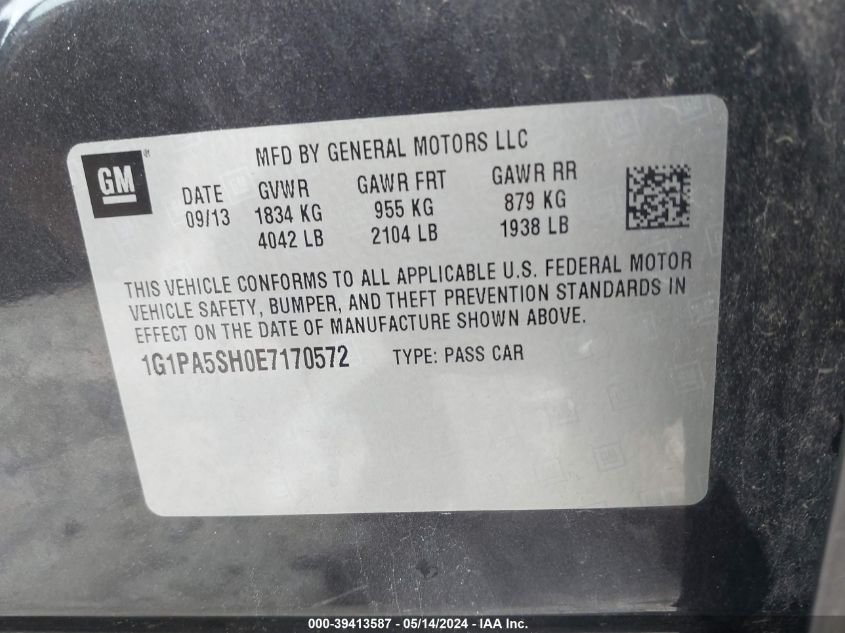 2014 Chevrolet Cruze Ls Auto VIN: 1G1PA5SH0E7170572 Lot: 39413587