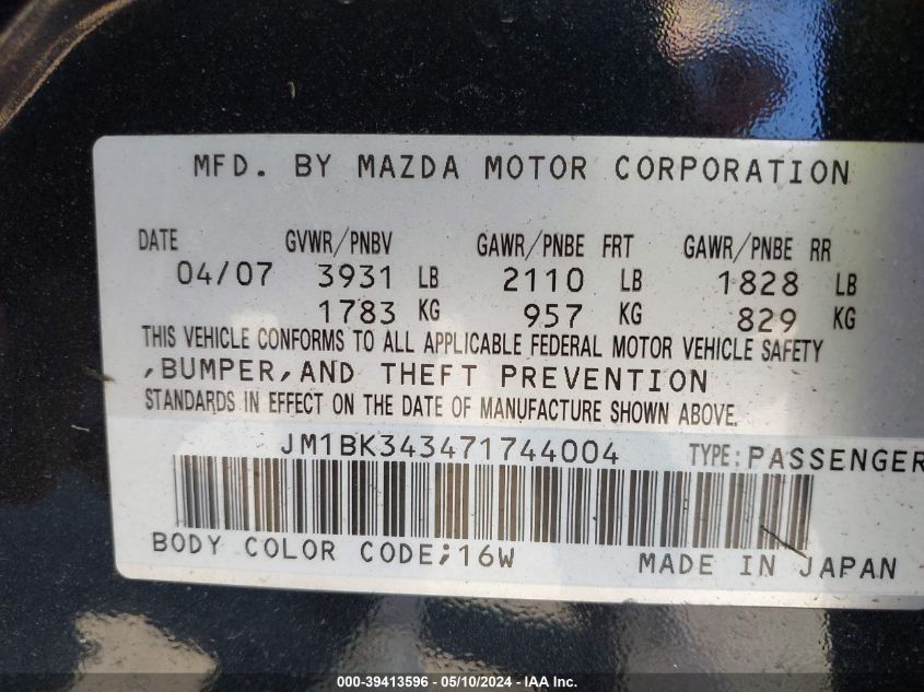 2007 Mazda Mazda3 VIN: JM1BK343471744004 Lot: 39413596