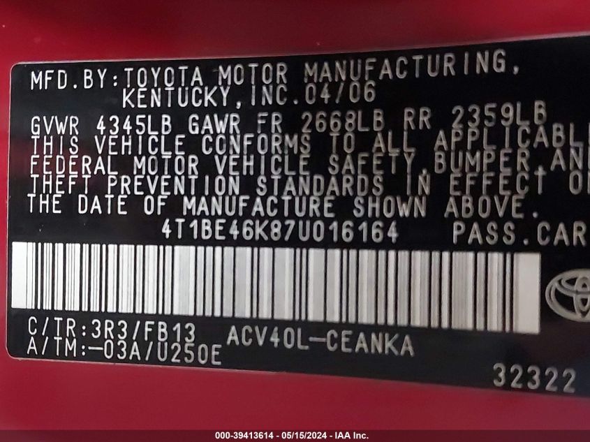 2007 Toyota Camry Le VIN: 4T1BE46K87U016164 Lot: 39413614