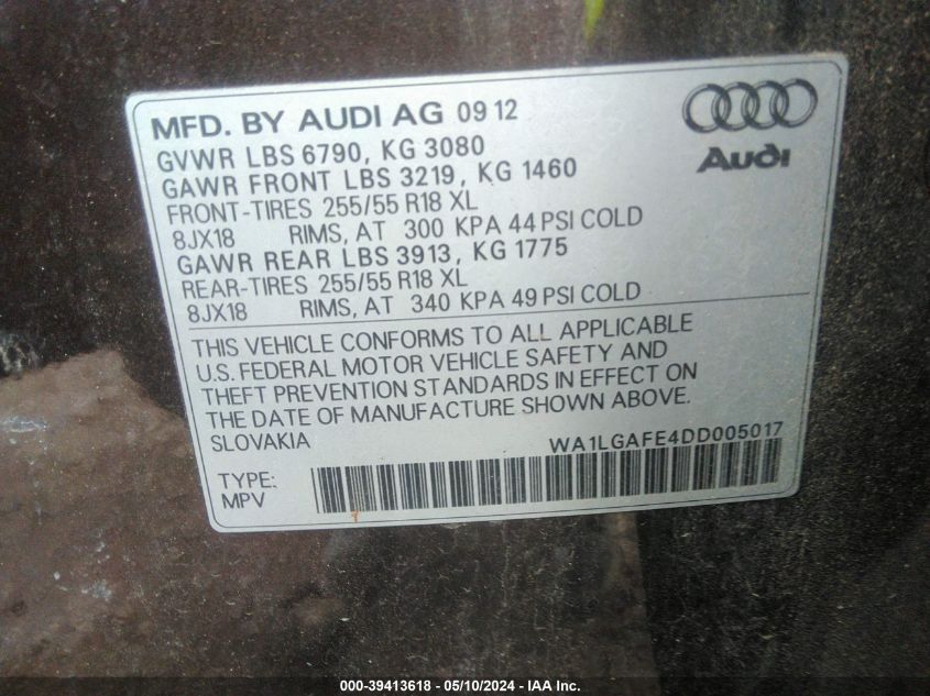 2013 Audi Q7 3.0T Premium VIN: WA1LGAFE4DD005017 Lot: 39413618