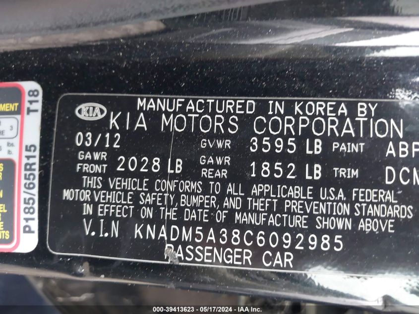 2012 Kia Rio5 Lx VIN: KNADM5A38C6092985 Lot: 39413623