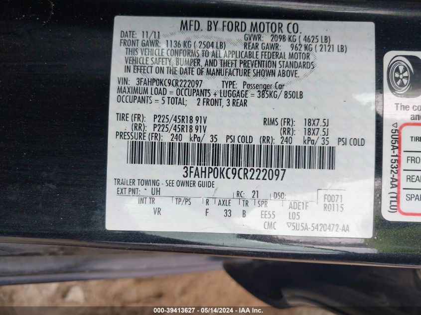 2012 Ford Fusion Sport VIN: 3FAHP0KC9CR222097 Lot: 39413627