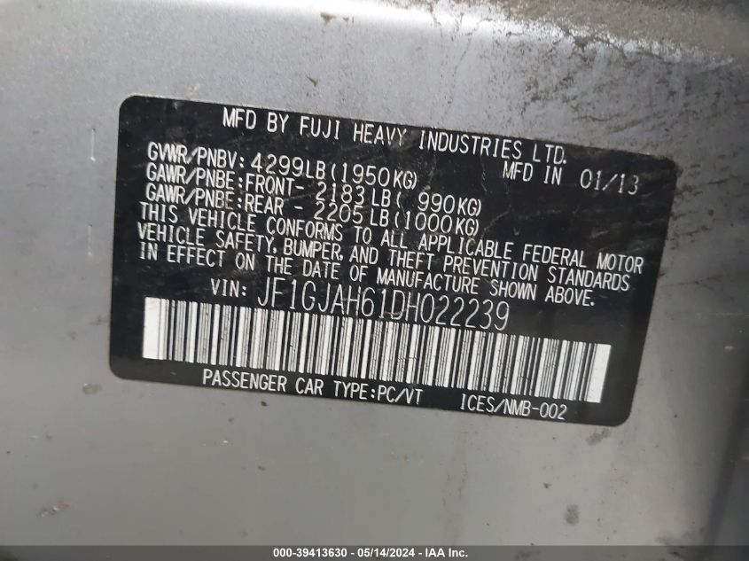 2013 Subaru Impreza 2.0I Limited VIN: JF1GJAH61DH022239 Lot: 39413630