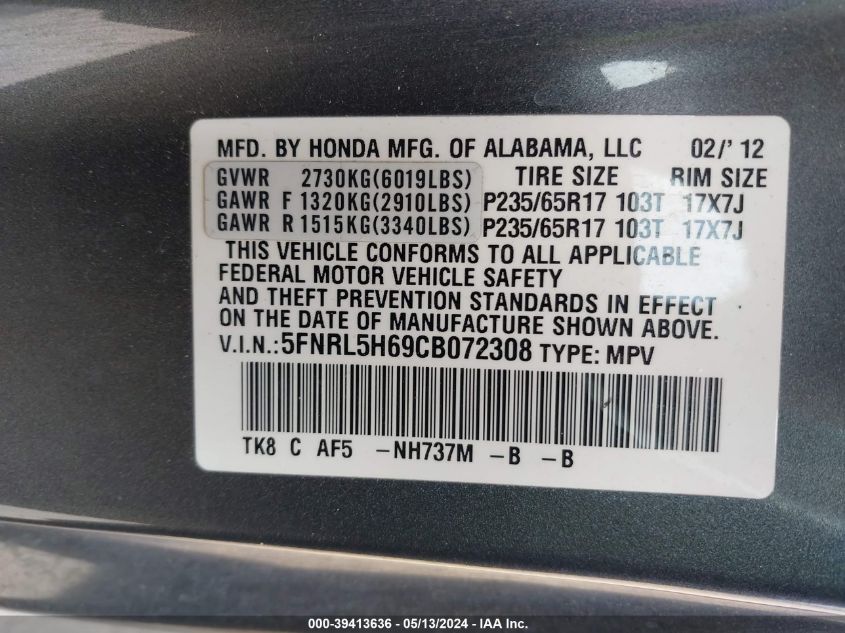2012 Honda Odyssey Ex-L VIN: 5FNRL5H69CB072308 Lot: 39413636