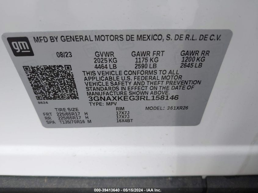 2024 Chevrolet Equinox Fwd Lt VIN: 3GNAXKEG3RL158146 Lot: 39413640