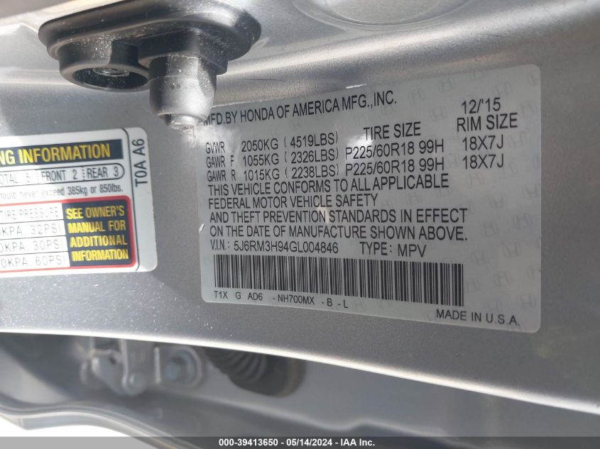 2016 HONDA CR-V TOURING - 5J6RM3H94GL004846