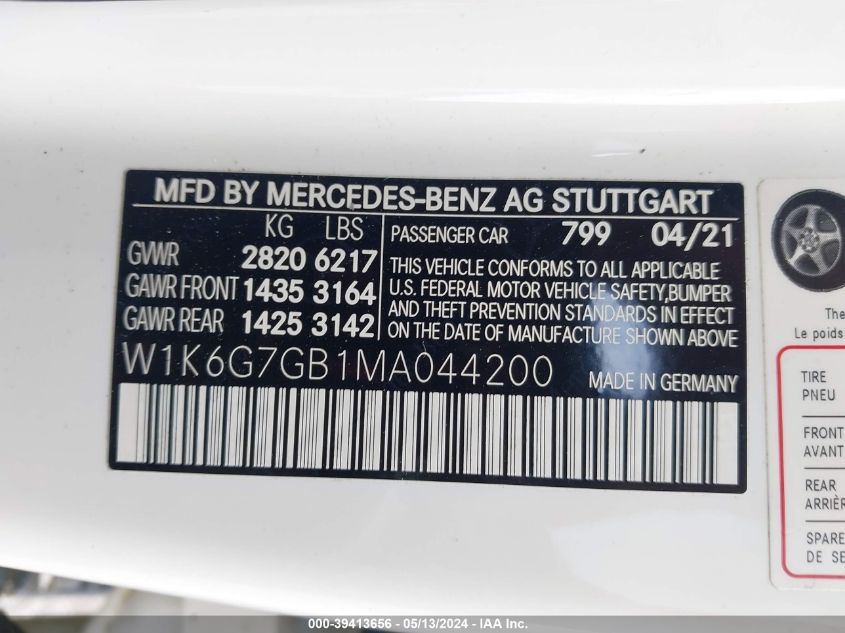 2021 Mercedes-Benz S 580 4Matic VIN: W1K6G7GB1MA044200 Lot: 39413656