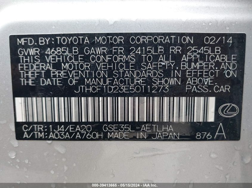 2014 Lexus Is 250 VIN: JTHCF1D23E5011273 Lot: 39413665