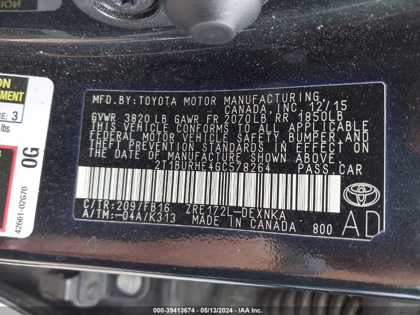 2016 Toyota Corolla Le Plus VIN: 2T1BURHE4GC578264 Lot: 39413674