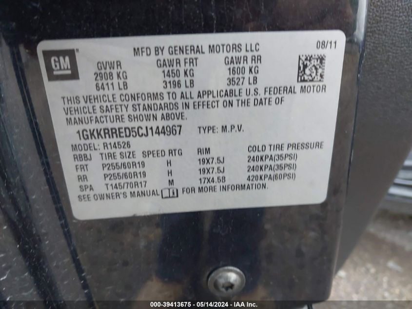 2012 GMC Acadia Slt-1 VIN: 1GKKRRED5CJ144967 Lot: 39413675