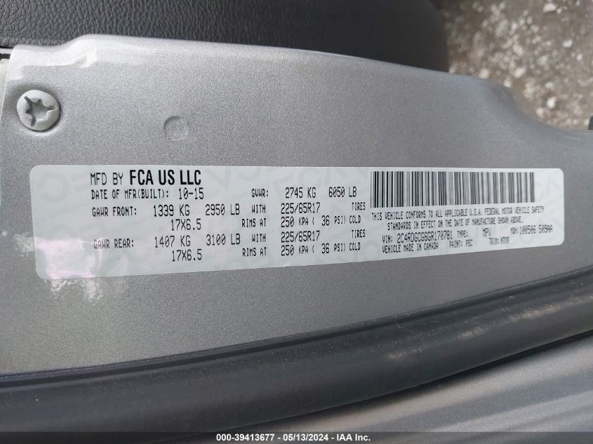 2016 Dodge Grand Caravan Sxt VIN: 2C4RDGCG6GR170781 Lot: 39413677