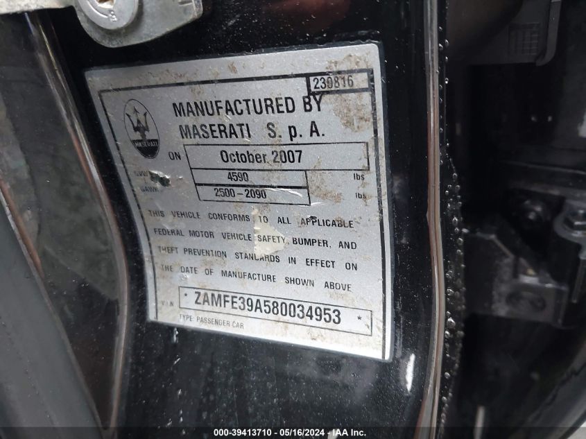 2008 Maserati Quattroporte M139 VIN: ZAMFE39A580034953 Lot: 39413710