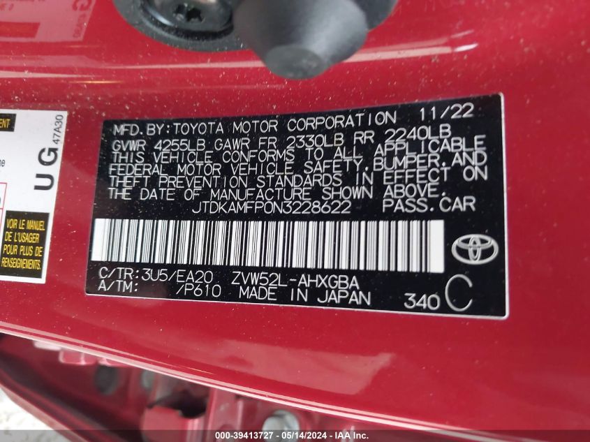 2022 Toyota Prius Prime Xle VIN: JTDKAMFP0N3228622 Lot: 39413727