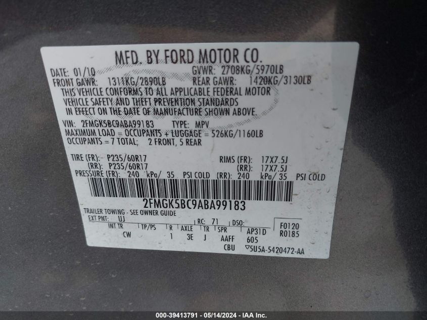 2010 Ford Flex Se VIN: 2FMGK5BC9ABA99183 Lot: 39413791