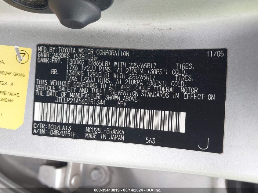 2006 Toyota Highlander Limited V6 VIN: JTEEP21A560151344 Lot: 39413819