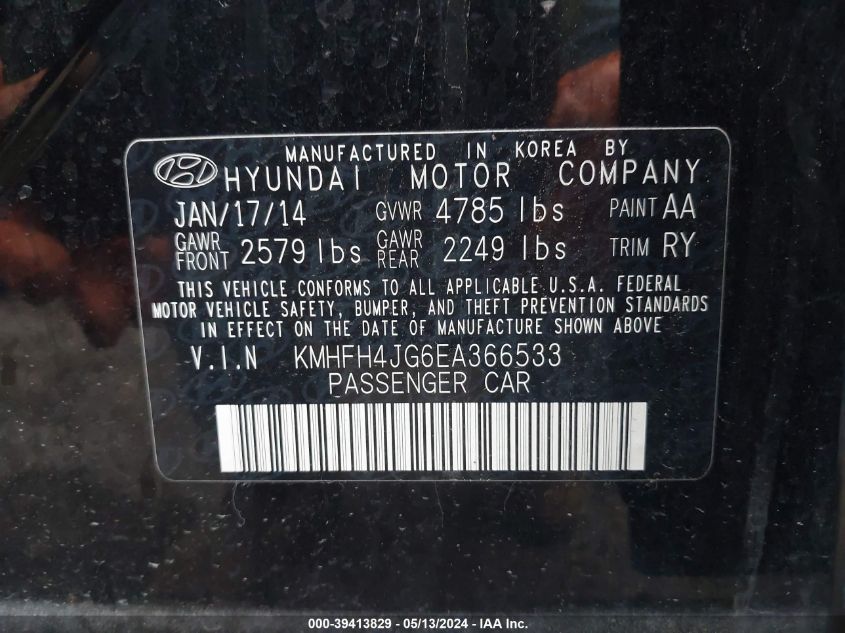 2014 Hyundai Azera Gls/Limited VIN: KMHFH4JG6EA366533 Lot: 39413829