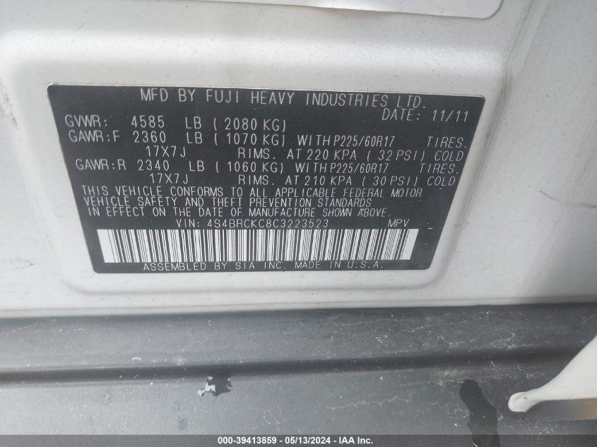 2012 Subaru Outback 2.5I Limited VIN: 4S4BRCKC8C3223523 Lot: 39413859