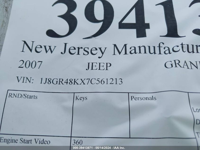2007 Jeep Grand Cherokee Laredo VIN: 1J8GR48KX7C561213 Lot: 39413871